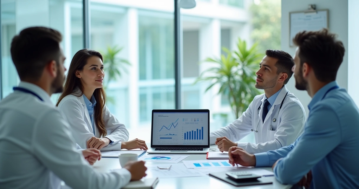 Equipe analisando orçamento de clínica médica