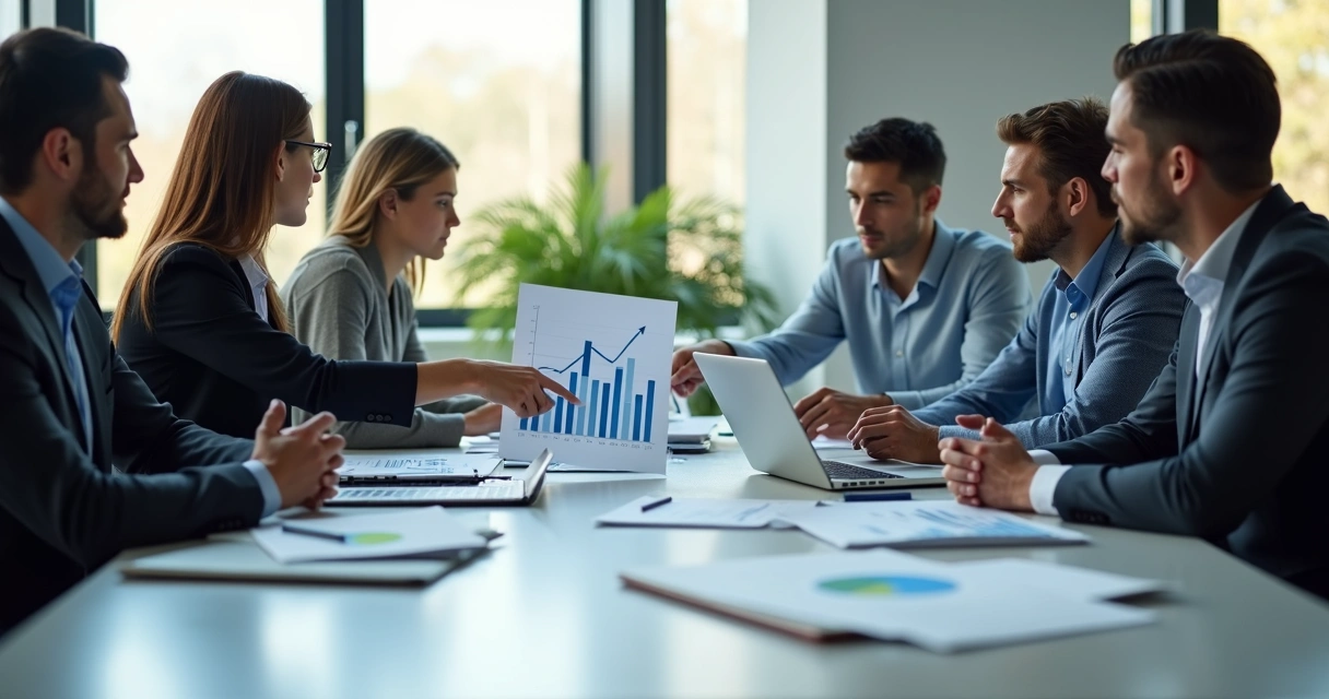Equipe reunida analisando orçamento com foco e clareza