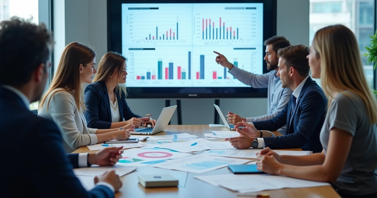 Equipe reunida revisando gráficos em sala de reuniões 