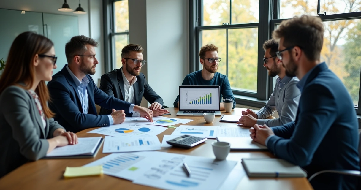 Equipe reunida analisando gráficos financeiros em mesa de escritório