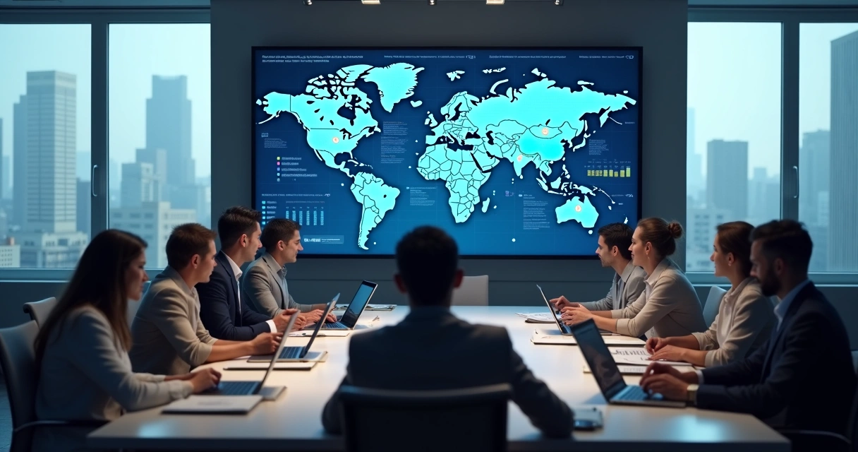 Equipe financeira analisando mapa global e gráficos em tela