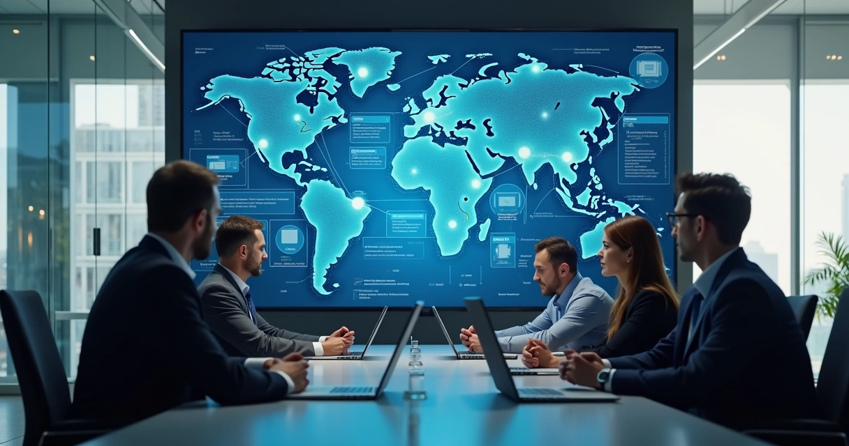 Executivos analisando empresas conectadas em painel financeiro