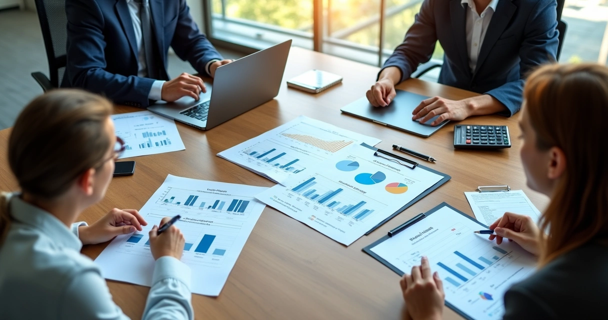 Reunião com relatórios financeiros e gráficos de aquisição