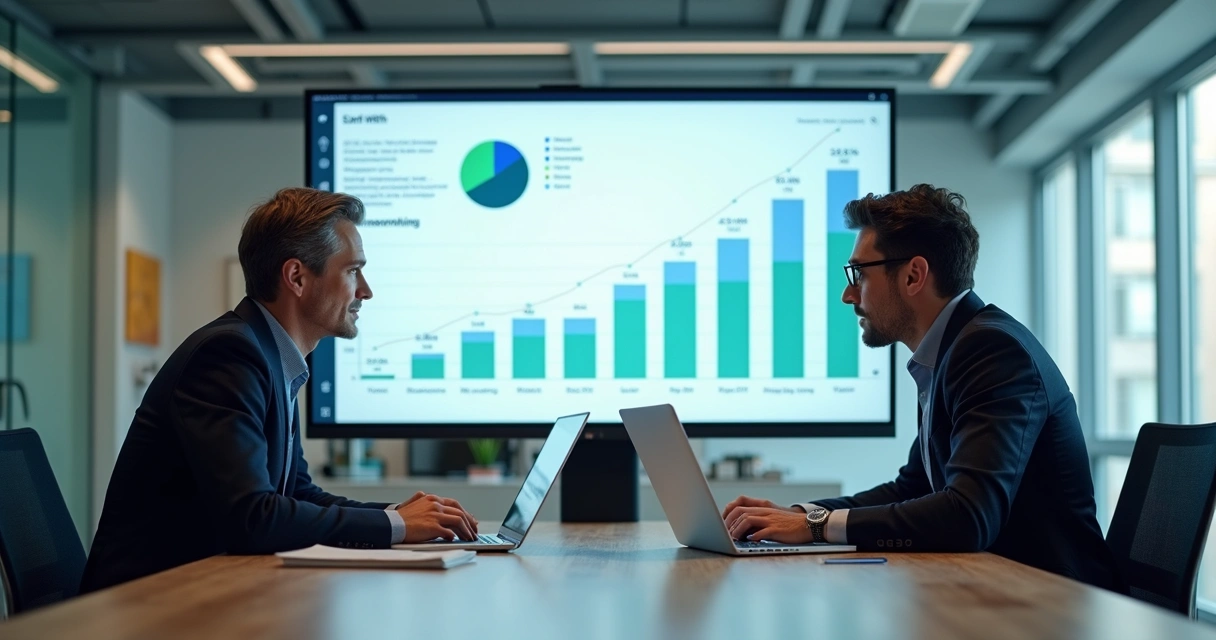Reunião com dashboard financeiro em empresa de tecnologia 