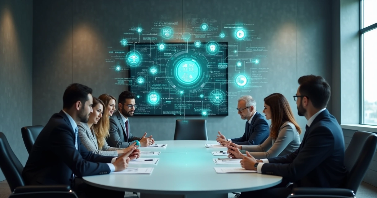 Empresários em reunião analisando gráfico financeiro digital, com hologramas de blockchain e criptomoedas