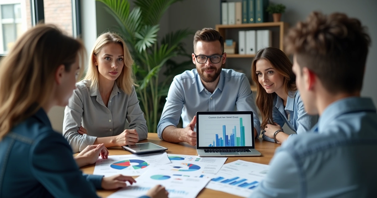 Reunião entre profissionais de RH e financeiro analisando gráficos e dados em laptop e tablet 