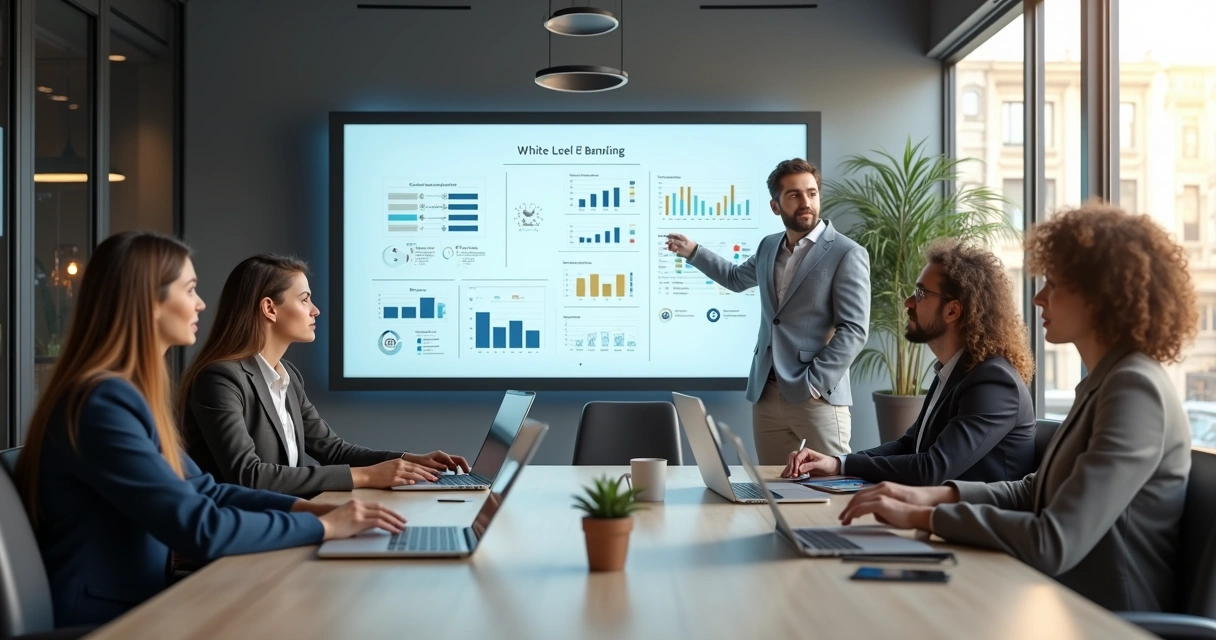 Equipe discutindo soluções fintech personalizadas em sala de coworking, com lousa digital ao fundo 