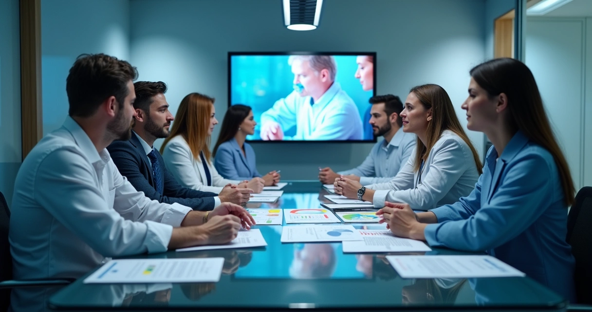 Reunião de equipe hospitalar analisando gráficos financeiros em ambiente moderno. 