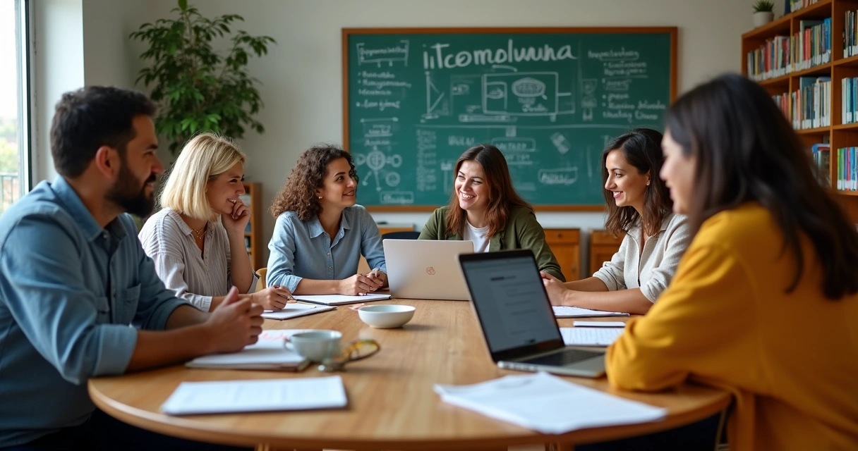 Equipe de professores reunida em escola discutindo IA