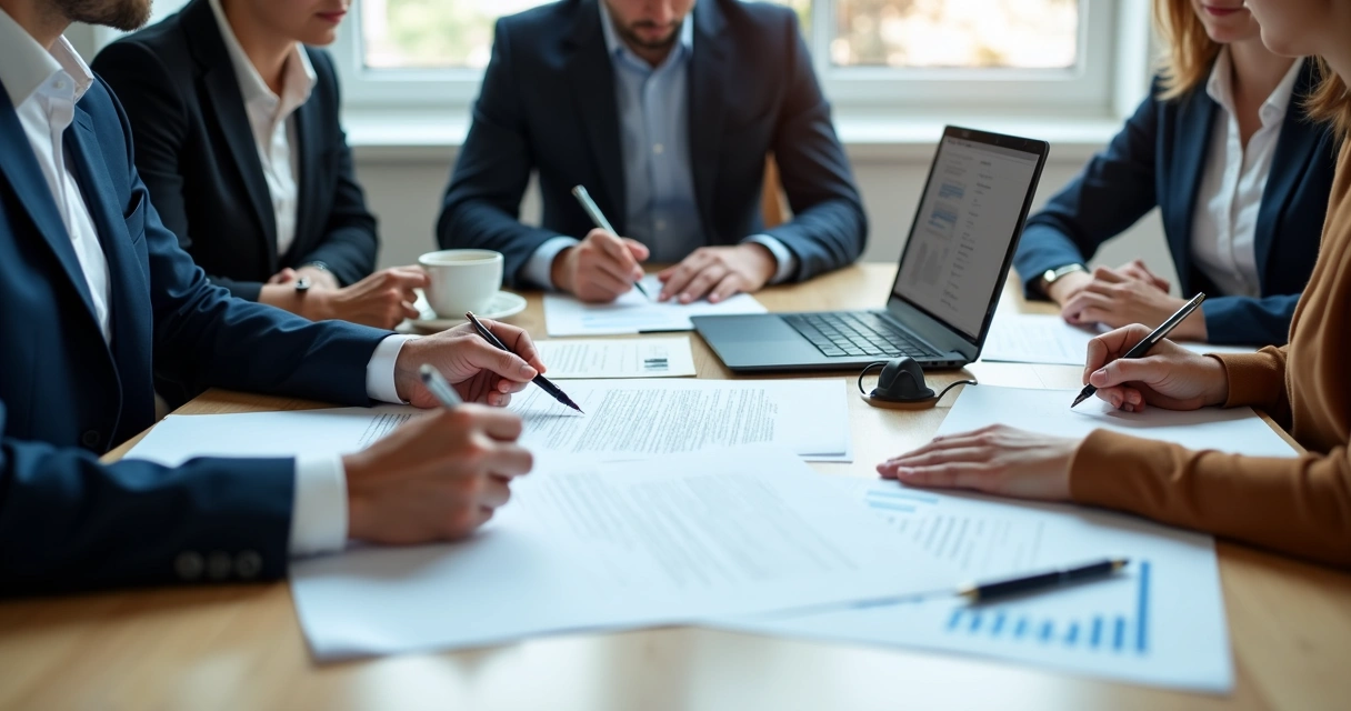Equipe reunida assinando documentos em sala de reunião formal 