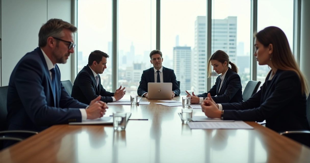 Profissionais em reunião formal com sinais de comunicação não verbal em conflito 