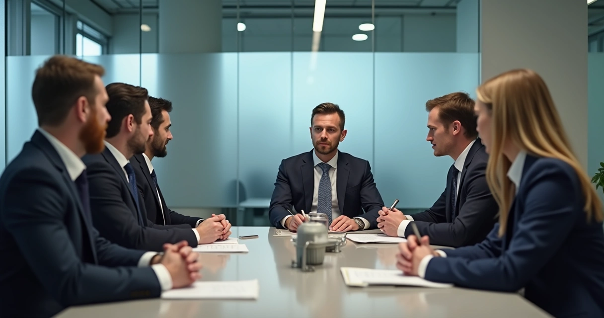 Pessoas sentadas ao redor de uma mesa em reunião formal, umas com postura dominante, outras ouvindo