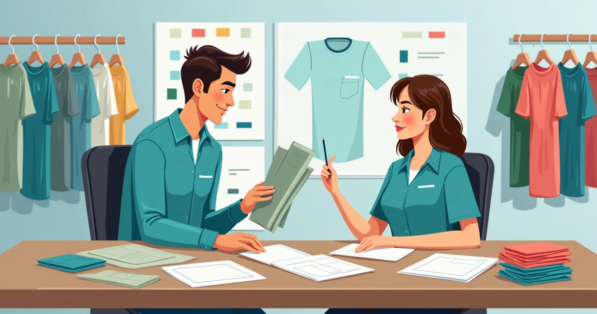 Reunião entre fornecedor de camisetas e cliente para negociação 