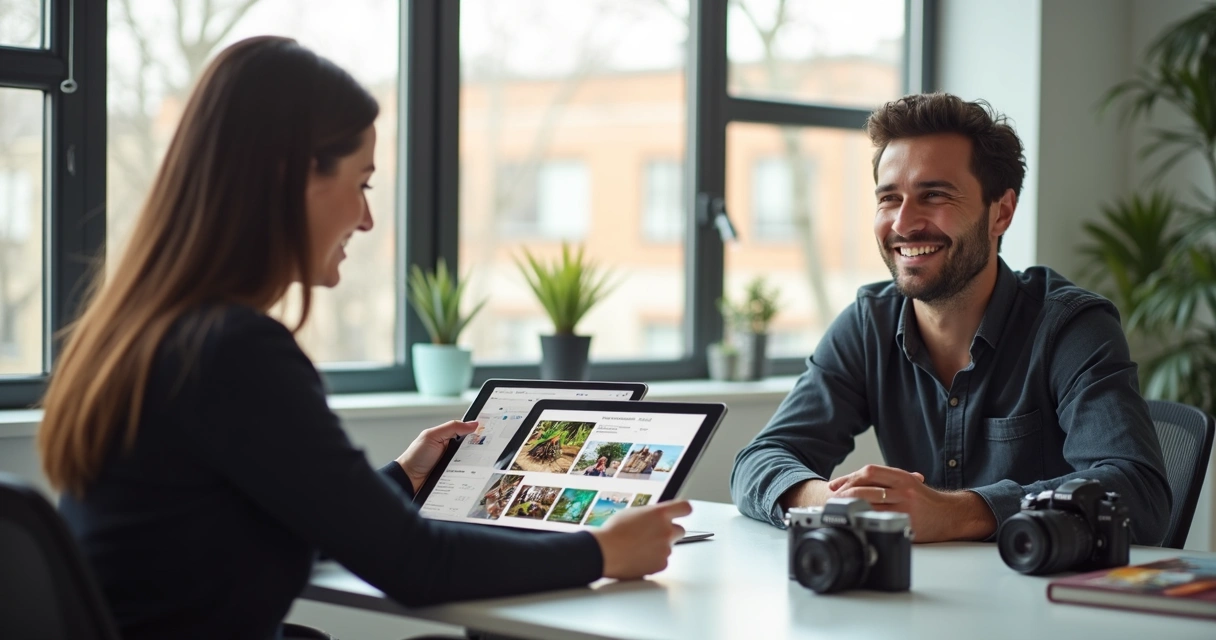 Fotógrafo mostrando orçamento em reunião com cliente 
