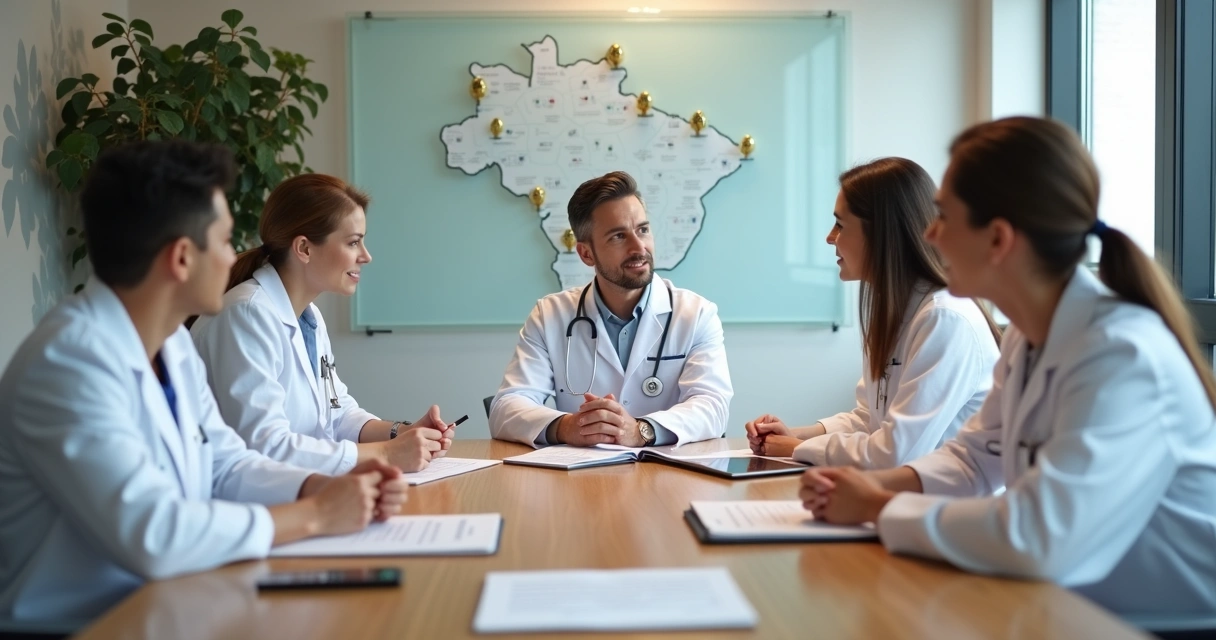 Médicos em reunião analisando mapa de expansão de franquias de clínicas médicas 
