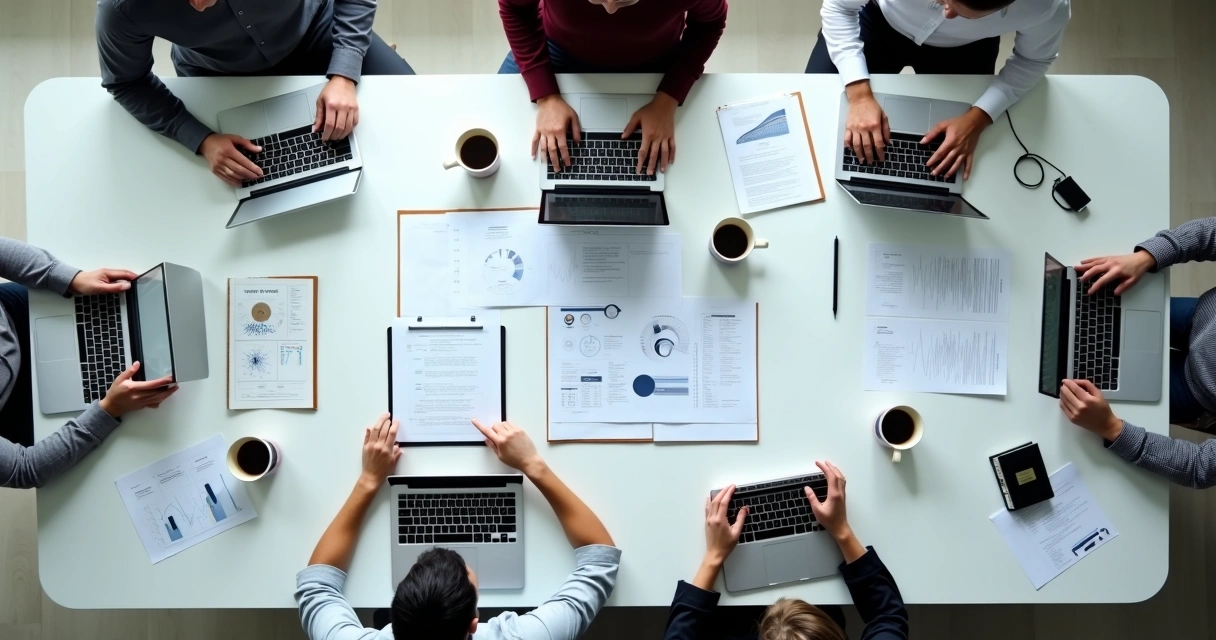Equipe reunida em mesa de reunião analisando documentos de franquia 