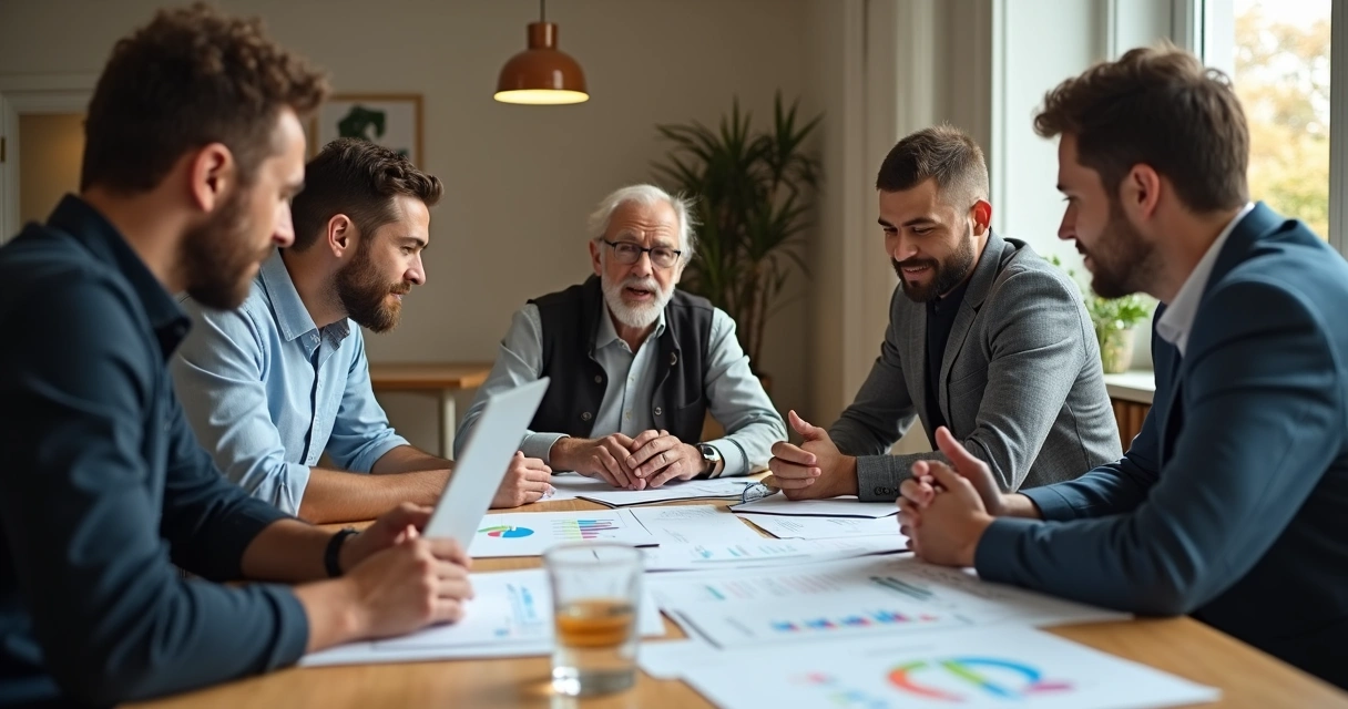 Fundadores ao redor de mesa discutindo papéis e participação societária 