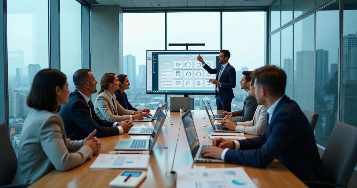 Reunião de integração entre equipes em sala corporativa 