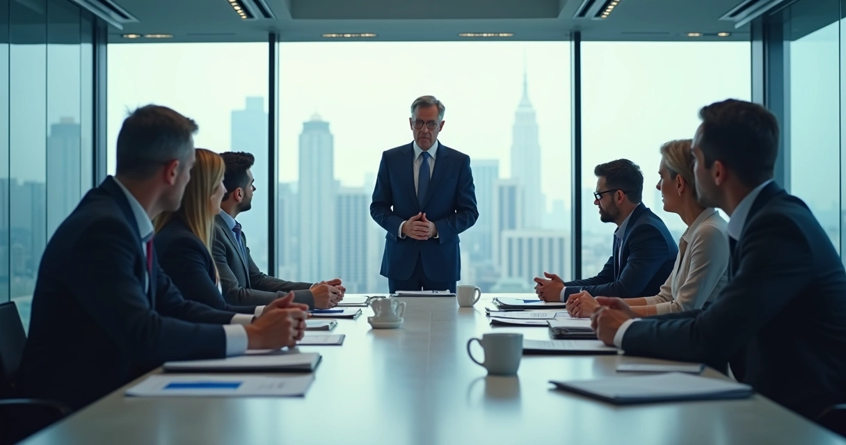 Equipes reunidas em sala de fusão corporativa