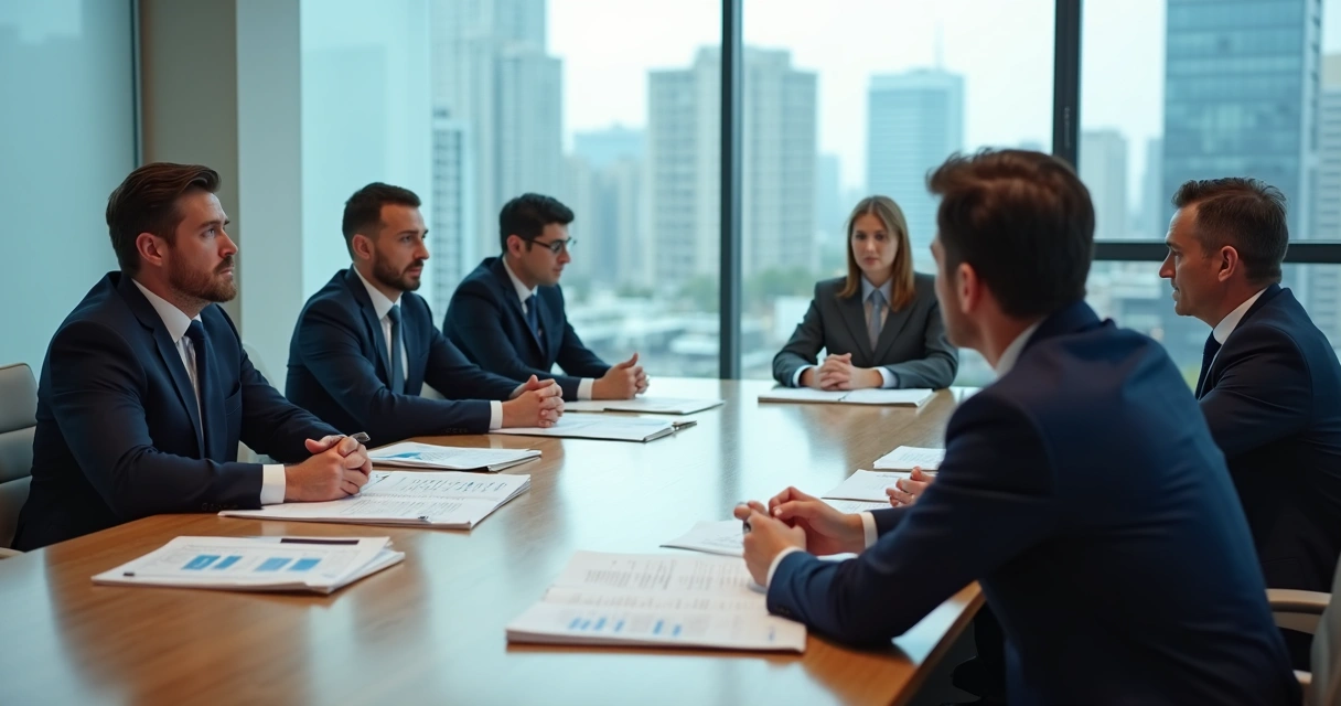 Executivos em reunião tensa de fusão com documentos sobre a mesa