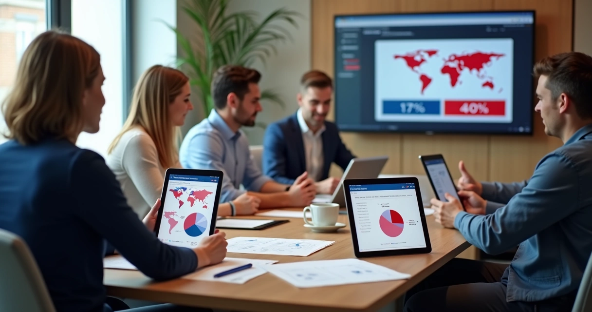 Gestores analisando relatórios digitais em reunião política 