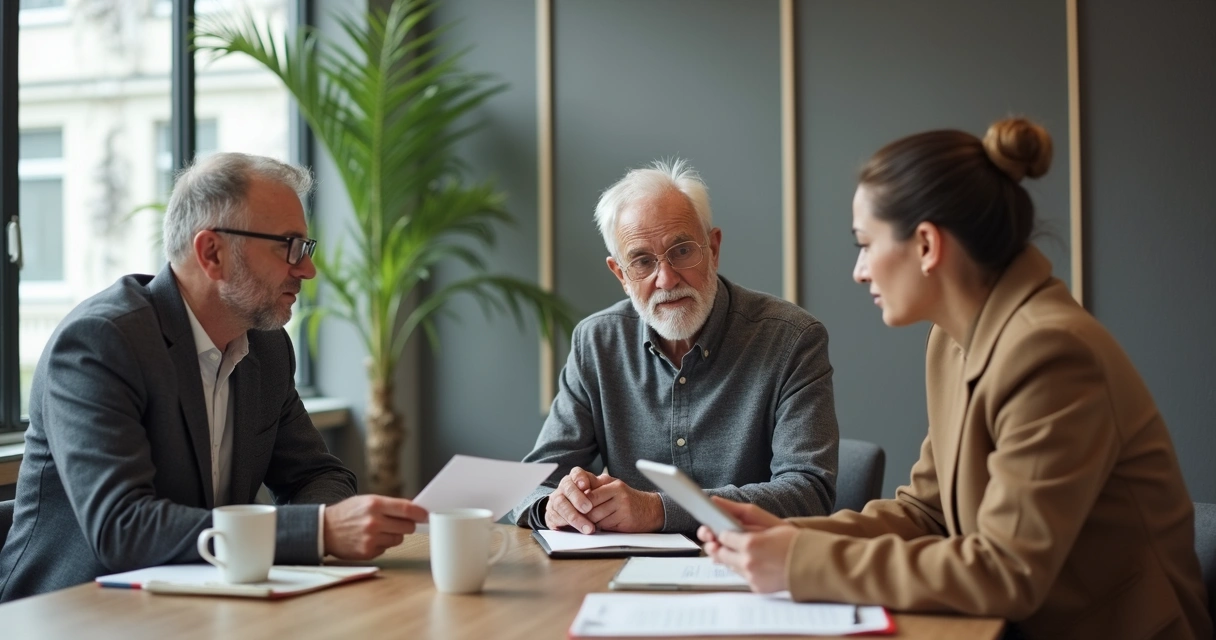 Duas gerações conversando em reunião de trabalho 