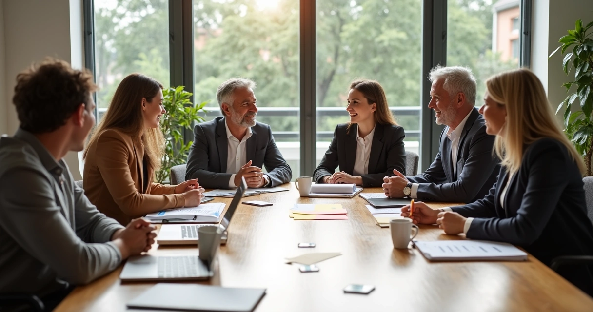 Equipe diversa reunida em mesa de trabalho 