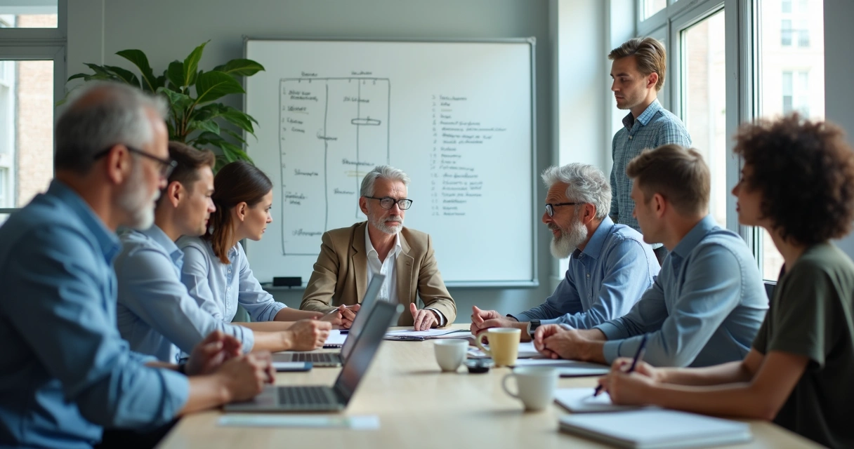 Equipe de idades diferentes reunida em escritório moderno 