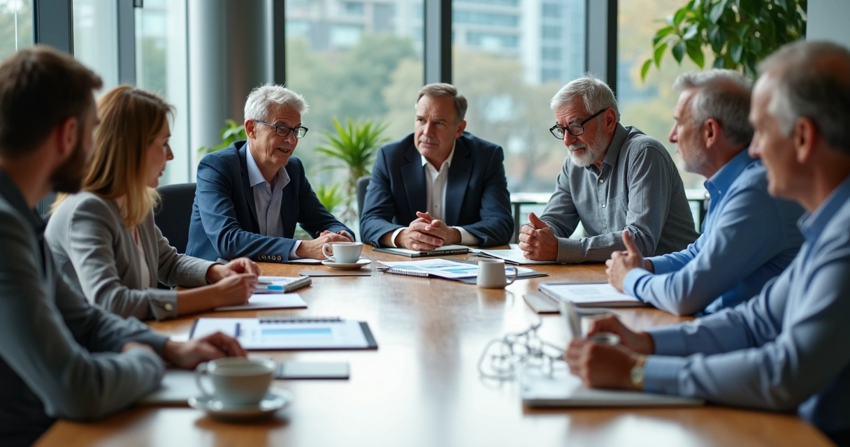 Reunião com pessoas de idades diferentes em ambiente corporativo