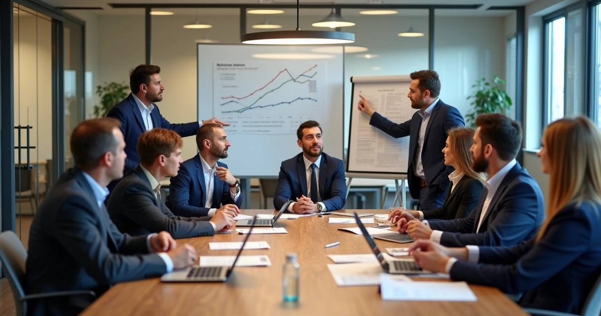 Gestores reunidos ao redor de uma mesa em discussão estratégica