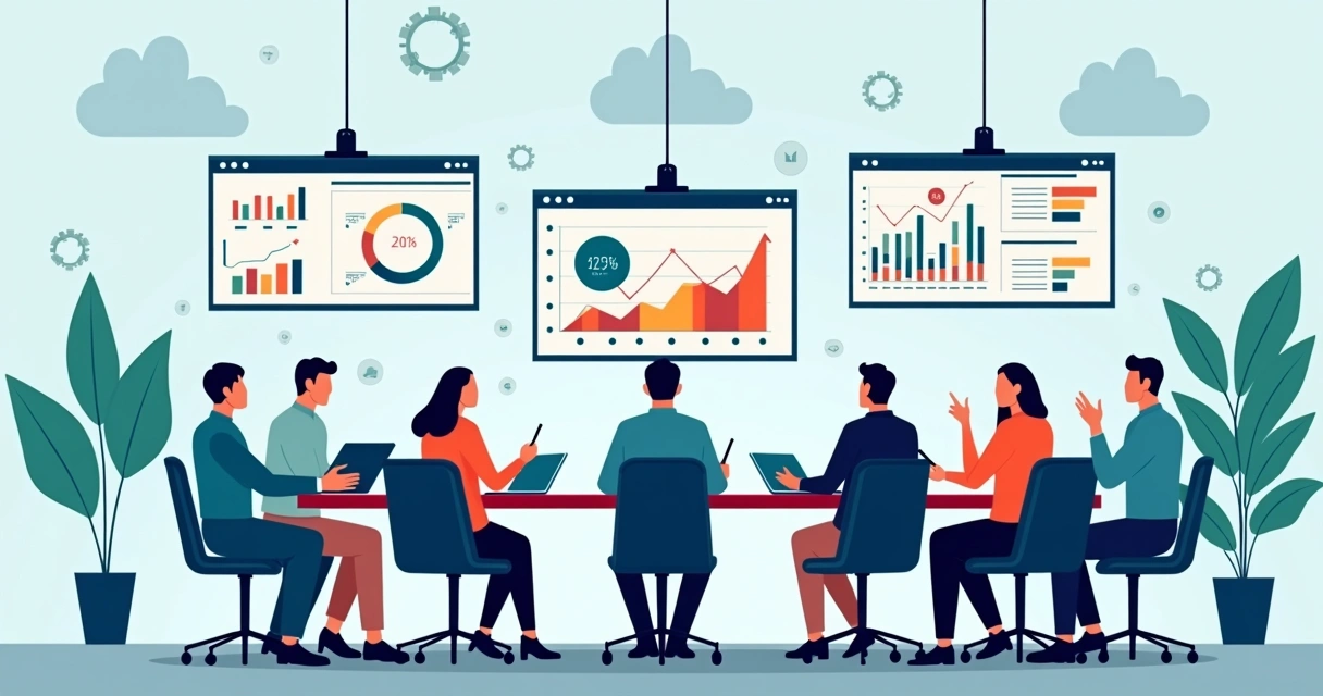 Equipe em reunião gerencial com gráficos de Power BI em telas digitais ao redor da mesa 