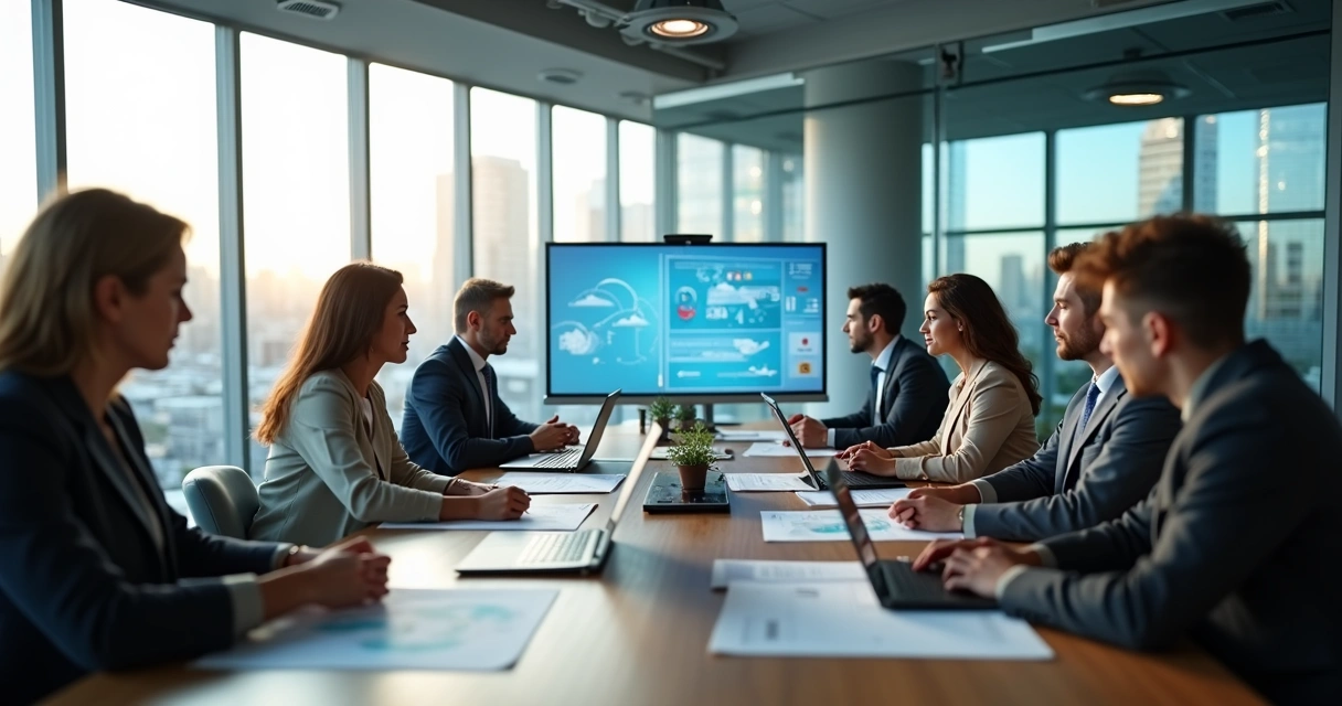 Equipe em reunião para gerenciamento de crise em agência de viagens com laptops e documentos 