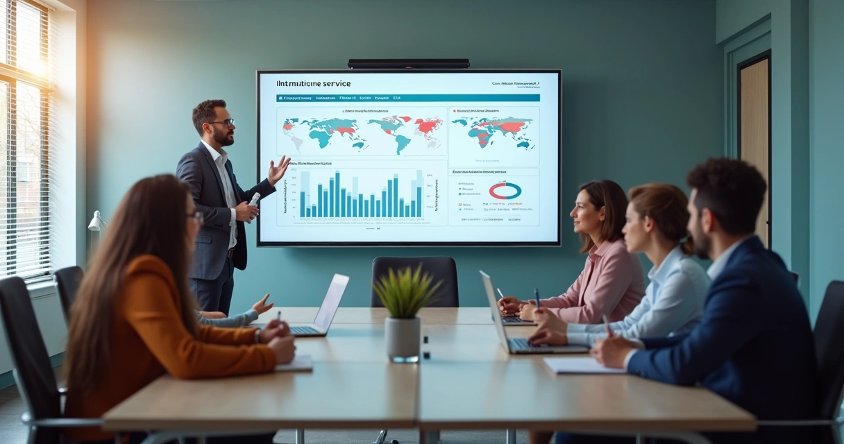 Gestor reunido com equipe analisando relatório em tela