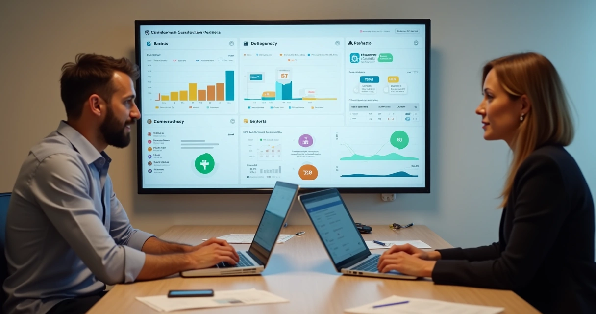 Proprietário e administrador analisando cobrança automática de aluguel em mesa de reuniões