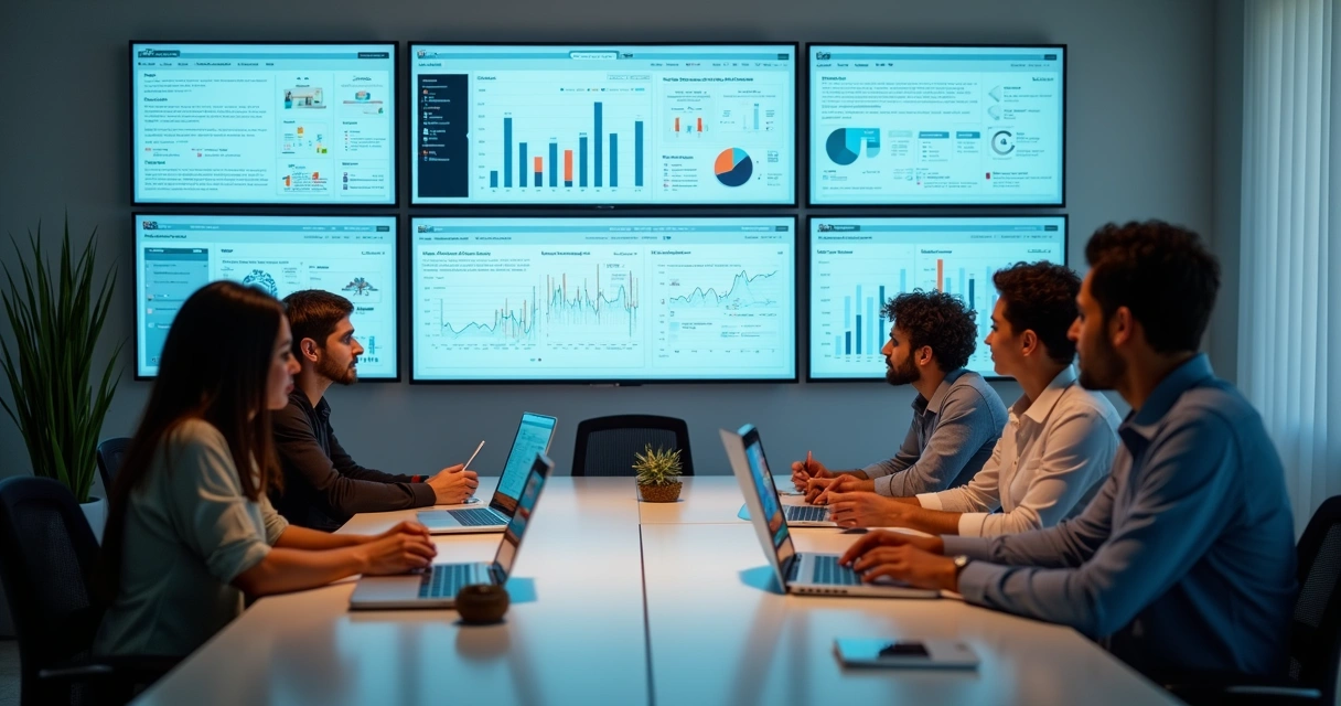 Equipe de gestão de imóveis reunida avaliando software de administração de aluguéis 