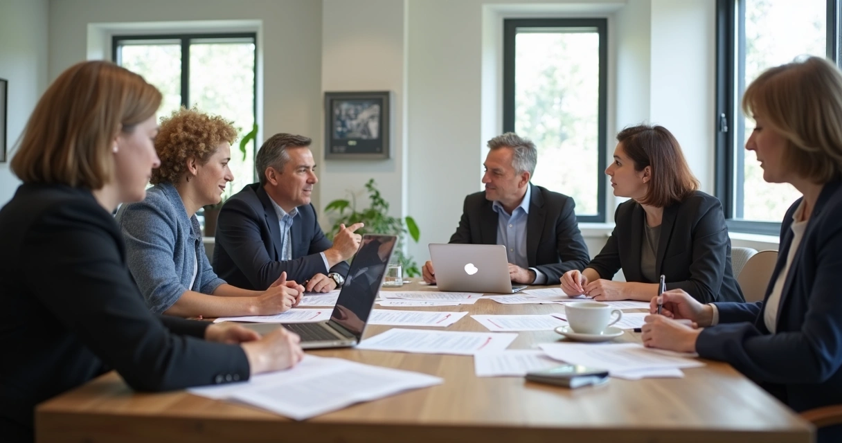 Gestores de associação revisando documentos em reunião 