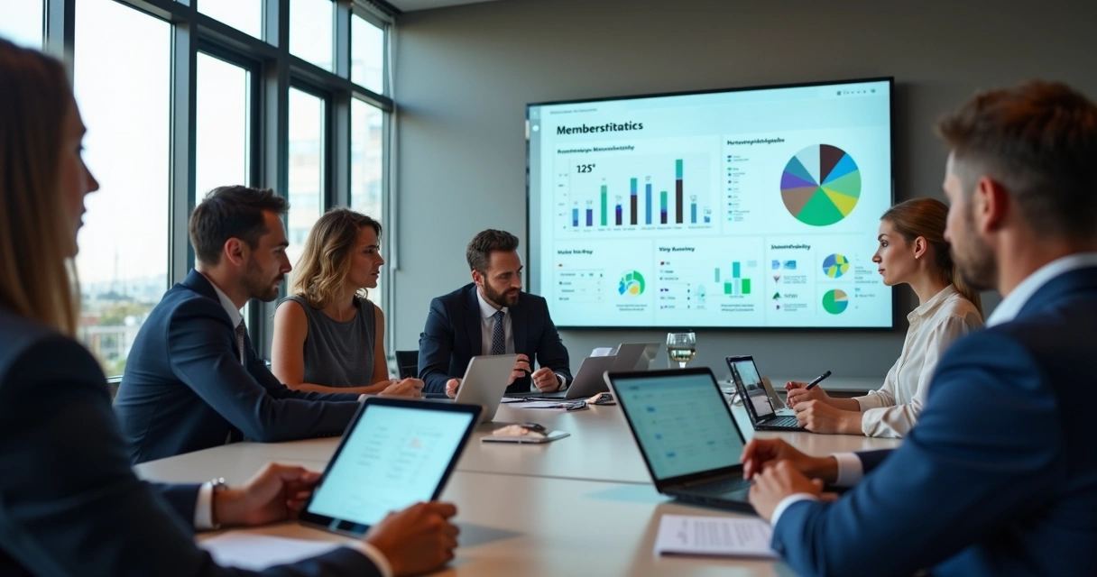 Gestores reunidos em sala de reunião analisando relatórios de associados 