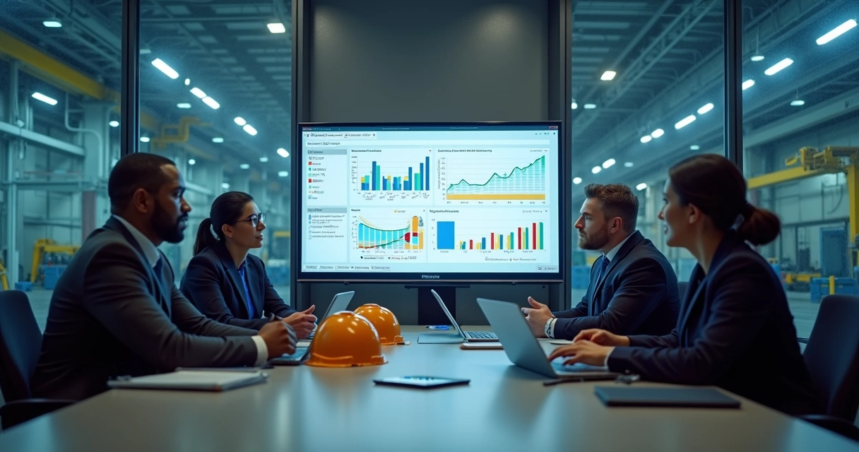 Equipe industrial analisando indicadores de ativos em reunião 