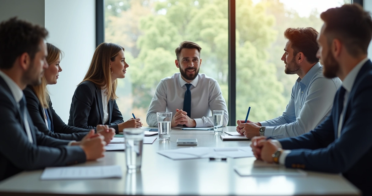 Gestor em reunião transparente com equipe atenta