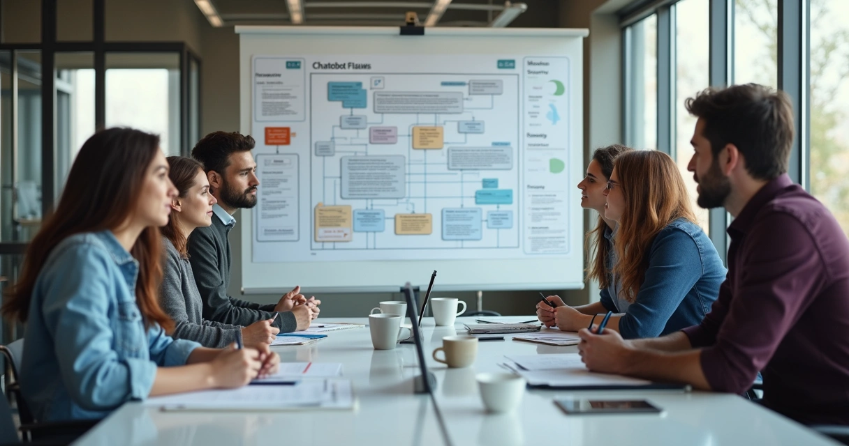 Reunião de equipe discutindo fluxo de chatbot 