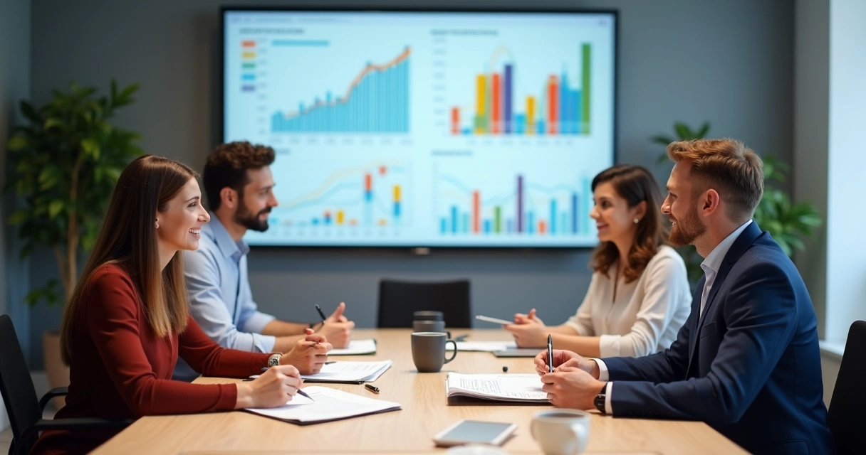 Equipe de escritório discutindo indicadores em reunião 