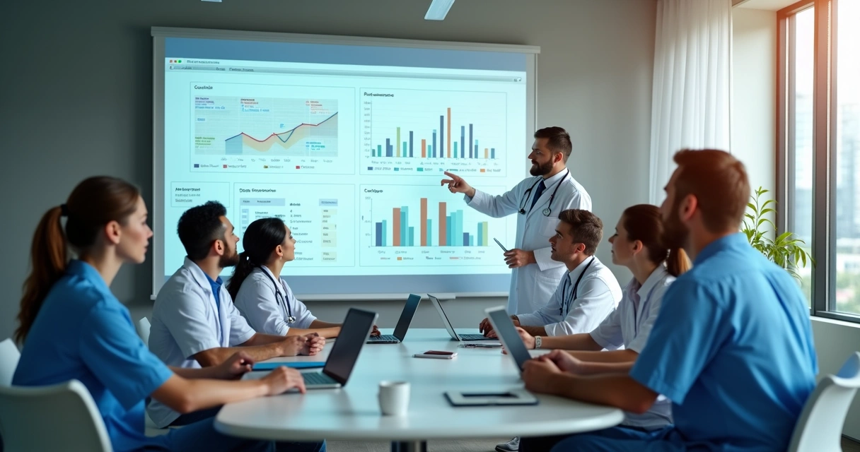 Equipe de clínica reunida para análise de resultados e processos 