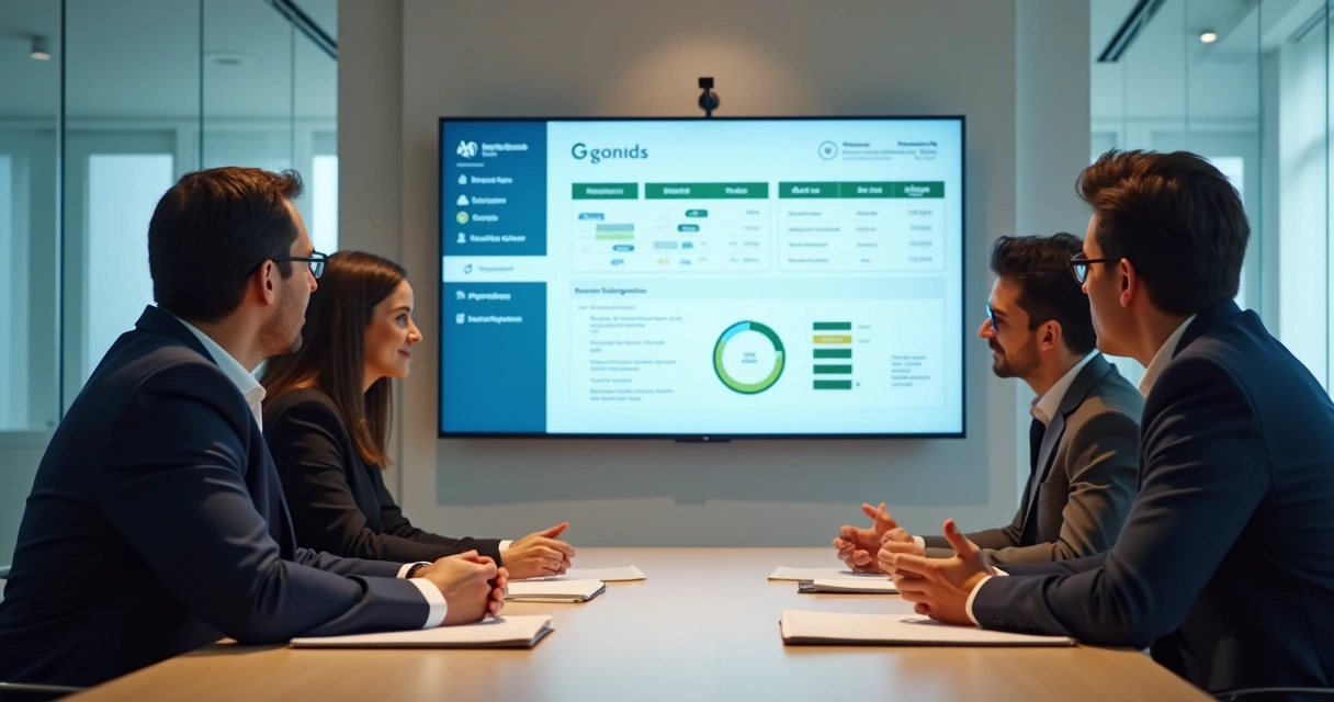 Grupo de síndicos em reunião analisando relatórios digitais em tela grande 