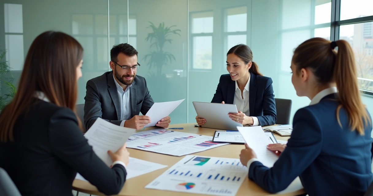 Equipe em reunião analisando documentos de condomínio 
