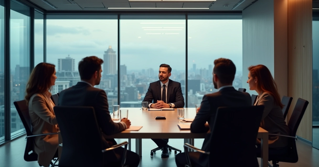 Líderes em reunião discutindo estratégias de gestão de conflitos em sala de ambiente corporativo moderno 