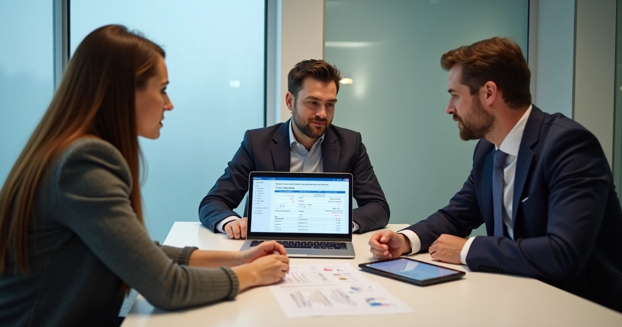 Equipe reunida revisando gestão de contratos com laptop, gráficos e tablet 