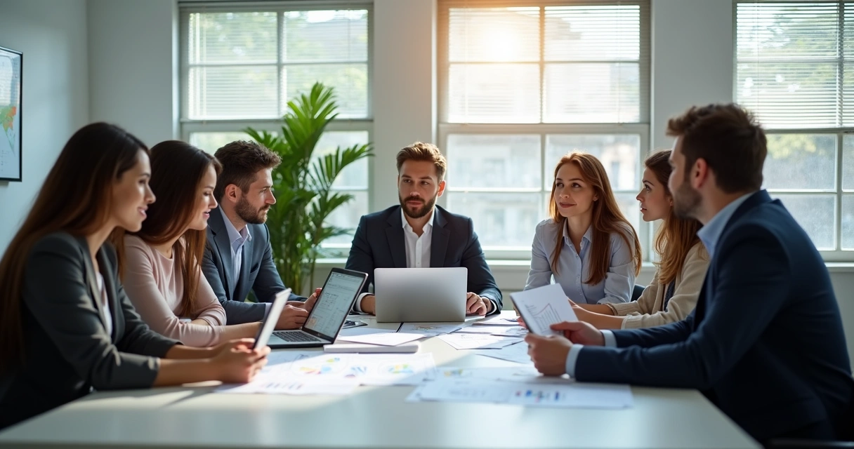 Pequena equipe em reunião analisando relatórios financeiros na mesa 