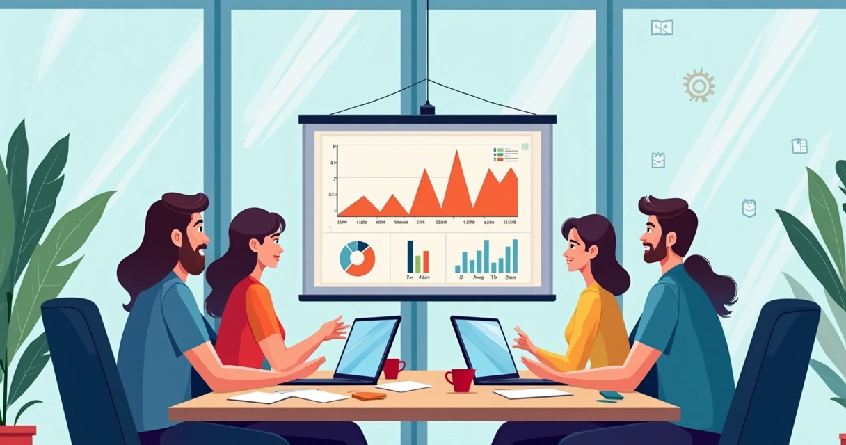 Equipe de e-commerce em reunião de estratégia e análise de desempenho 