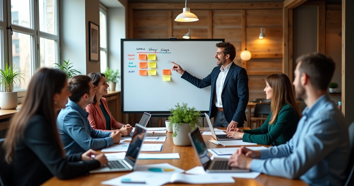 Equipe de pequena empresa em reunião discutindo plano de negocio 