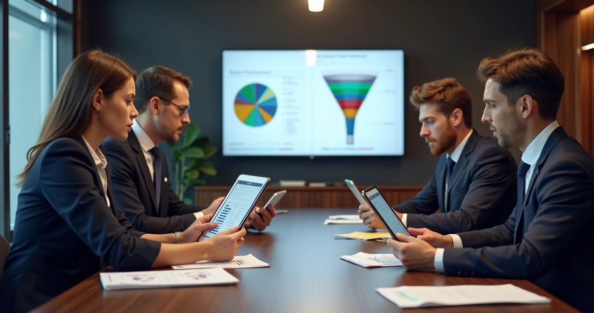 Reunião de advogados analisando dados do funil de vendas 